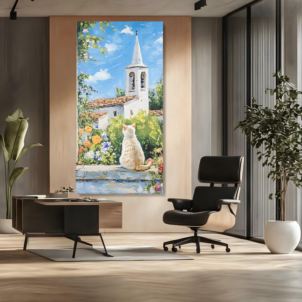 Tablou canvas cu tablou pictura cu pisica alba si biserica, fara rama, pe sasiu de lemn, pe perete intr-un birou